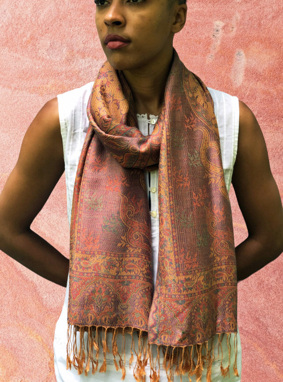 Coral Modal Jamawar Pashmina Scarf Reversible Fringes - Rosetta Creative Boutique